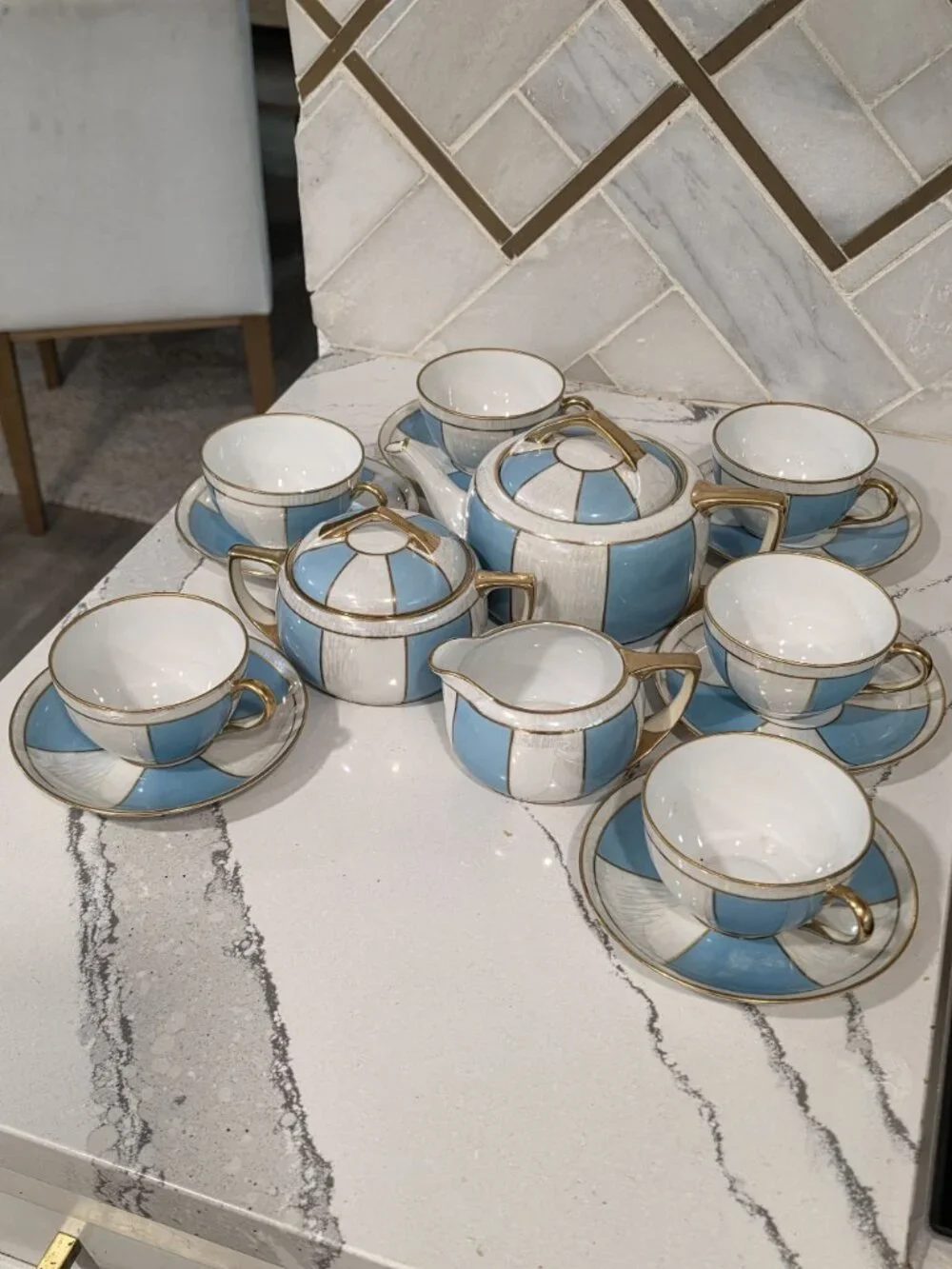 Noritake Tea Set 15-Piece Blue White Pearlescent w/ gold Porcelain Made In Japan
